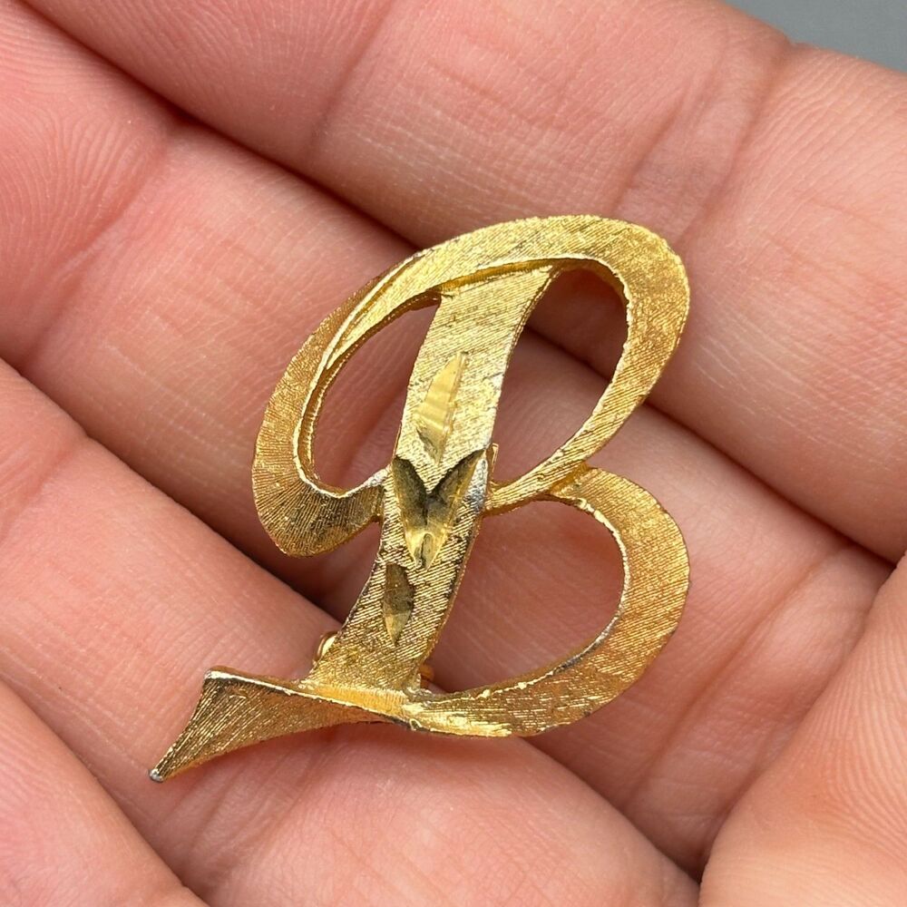 Vintage Mamselle Letter B Monogram Brooch Gold Tone Script Initial Lapel Pin